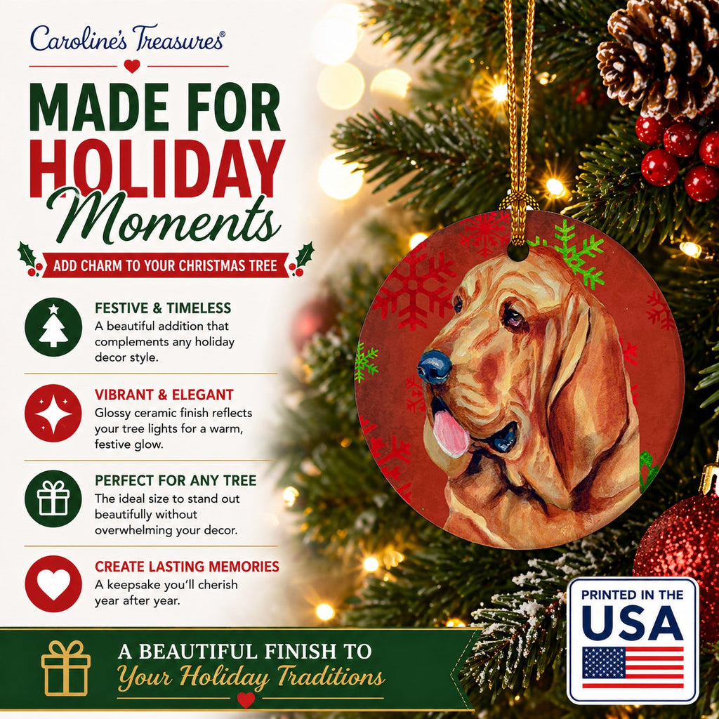 Bloodhound Red and Green Snowflakes Holiday Christmas Ceramic Ornament Christmas Tree Hanging Decorations for Home Christmas Holiday, Party, Gift, 3 in, Multicolor