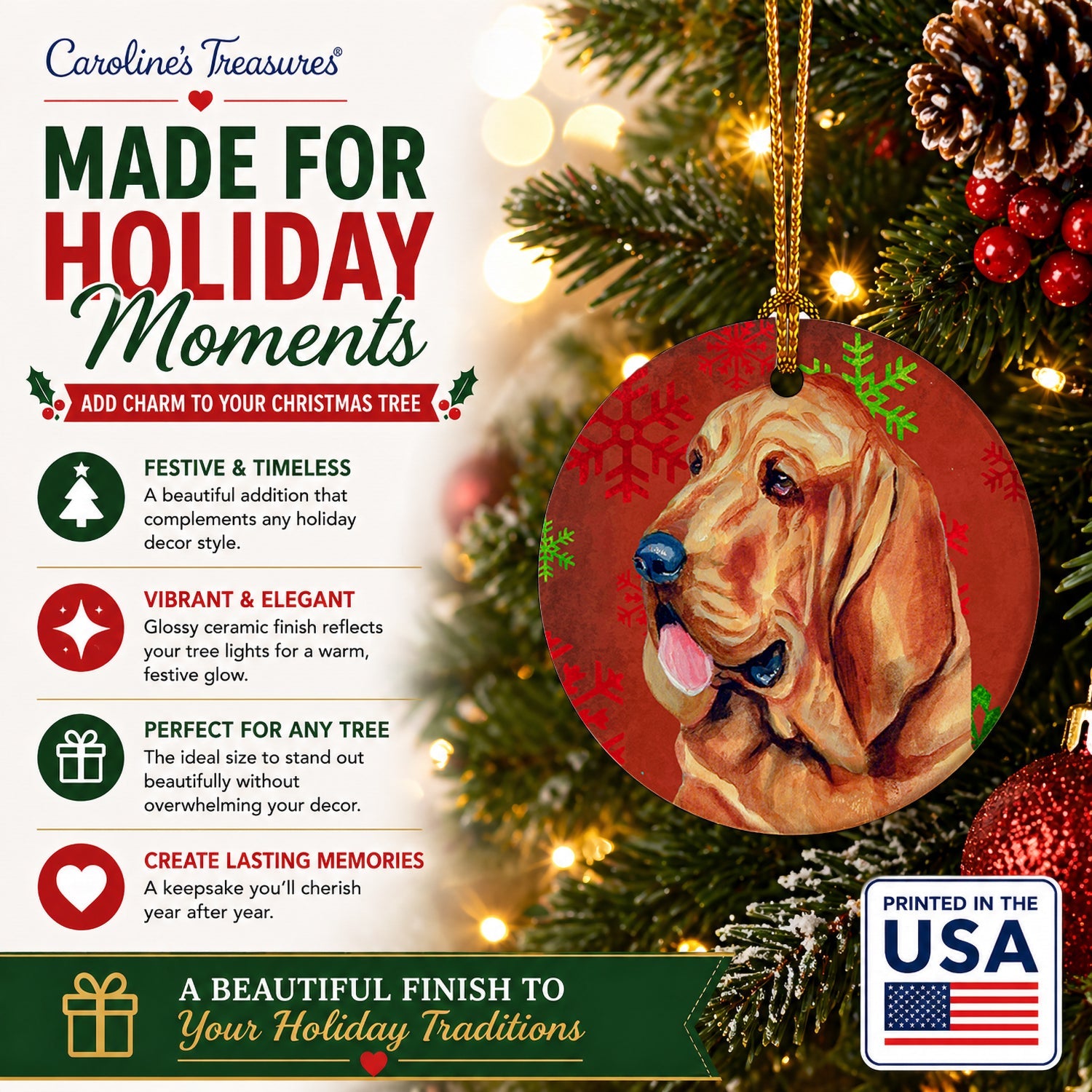 Bloodhound Red and Green Snowflakes Holiday Christmas Ceramic Ornament Christmas Tree Hanging Decorations for Home Christmas Holiday, Party, Gift, 3 in, Multicolor