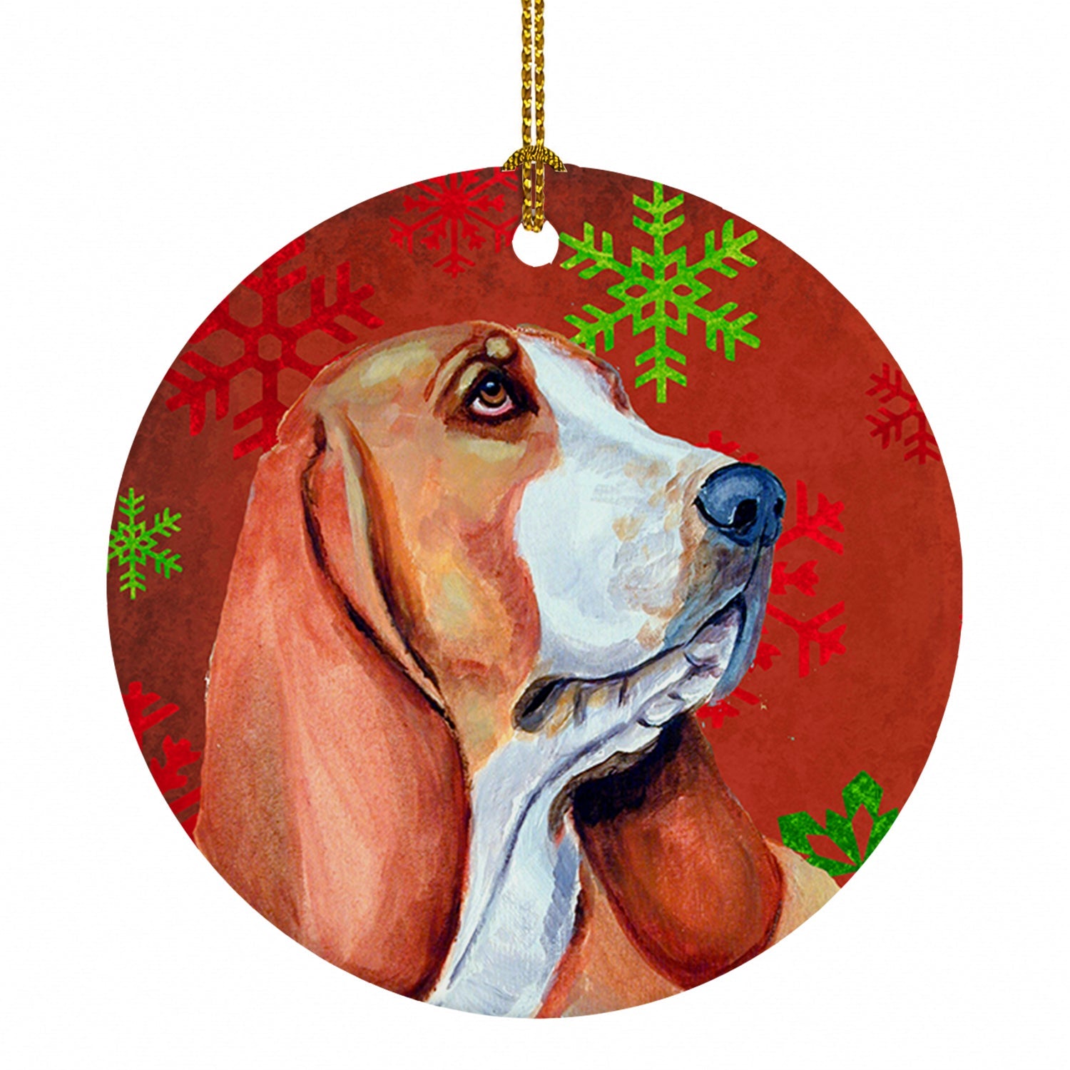 Basset Hound Red and Green Snowflakes Holiday Christmas Ceramic Ornament Christmas Tree Hanging Decorations for Home Christmas Holiday, Party, Gift, 3 in, Multicolor