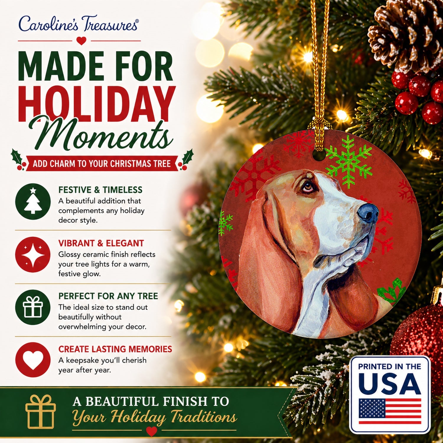 Basset Hound Red and Green Snowflakes Holiday Christmas Ceramic Ornament Christmas Tree Hanging Decorations for Home Christmas Holiday, Party, Gift, 3 in, Multicolor