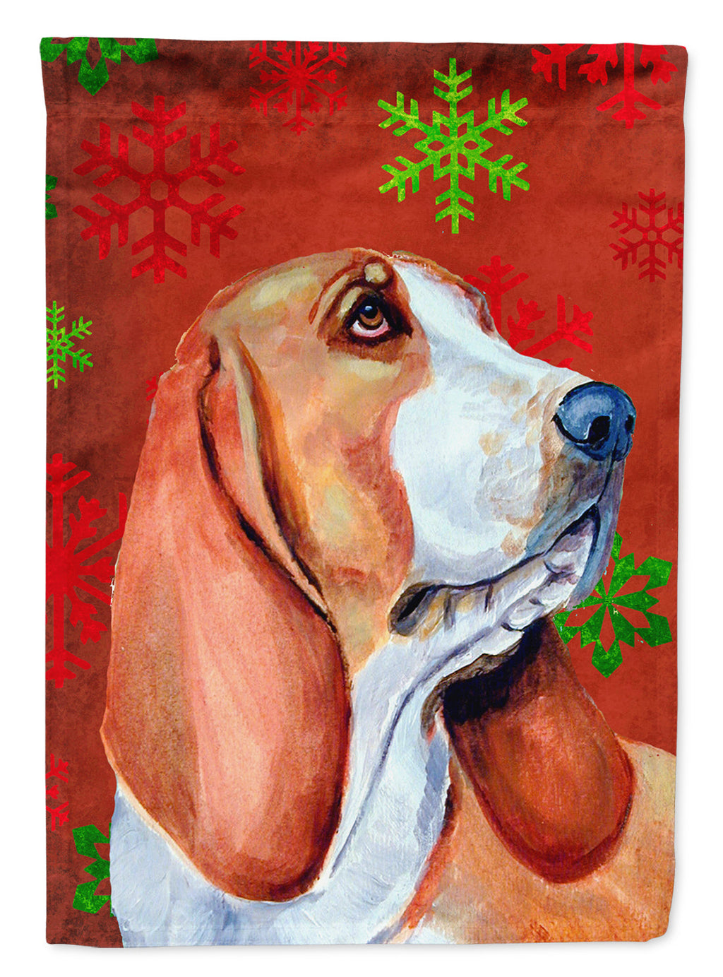 Basset Hound Red and Green Snowflakes Holiday Christmas Garden Flag Mailbox Decorative Yard Banner Outside Patio Artwork for Flower Beds, Garden Size, Multicolor