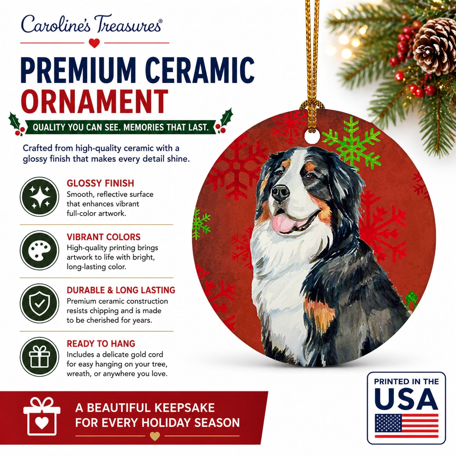 Bernese Mountain Dog Red  Green Snowflakes Holiday Christmas Ceramic Ornament Christmas Tree Hanging Decorations for Home Christmas Holiday, Party, Gift, 3 in, Multicolor