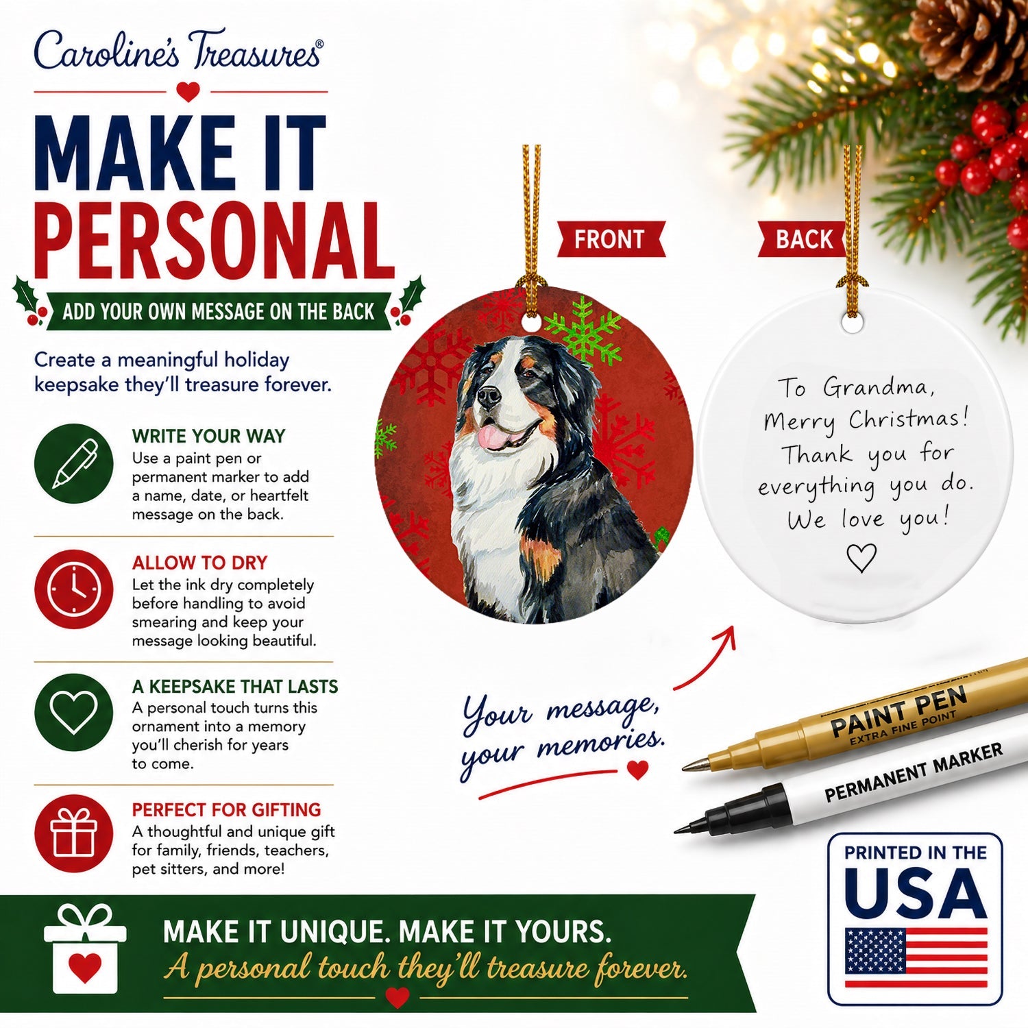 Bernese Mountain Dog Red  Green Snowflakes Holiday Christmas Ceramic Ornament Christmas Tree Hanging Decorations for Home Christmas Holiday, Party, Gift, 3 in, Multicolor