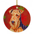 Airedale Red and Green Snowflakes Holiday Christmas Ceramic Ornament Christmas Tree Hanging Decorations for Home Christmas Holiday, Party, Gift, 3 in, Multicolor
