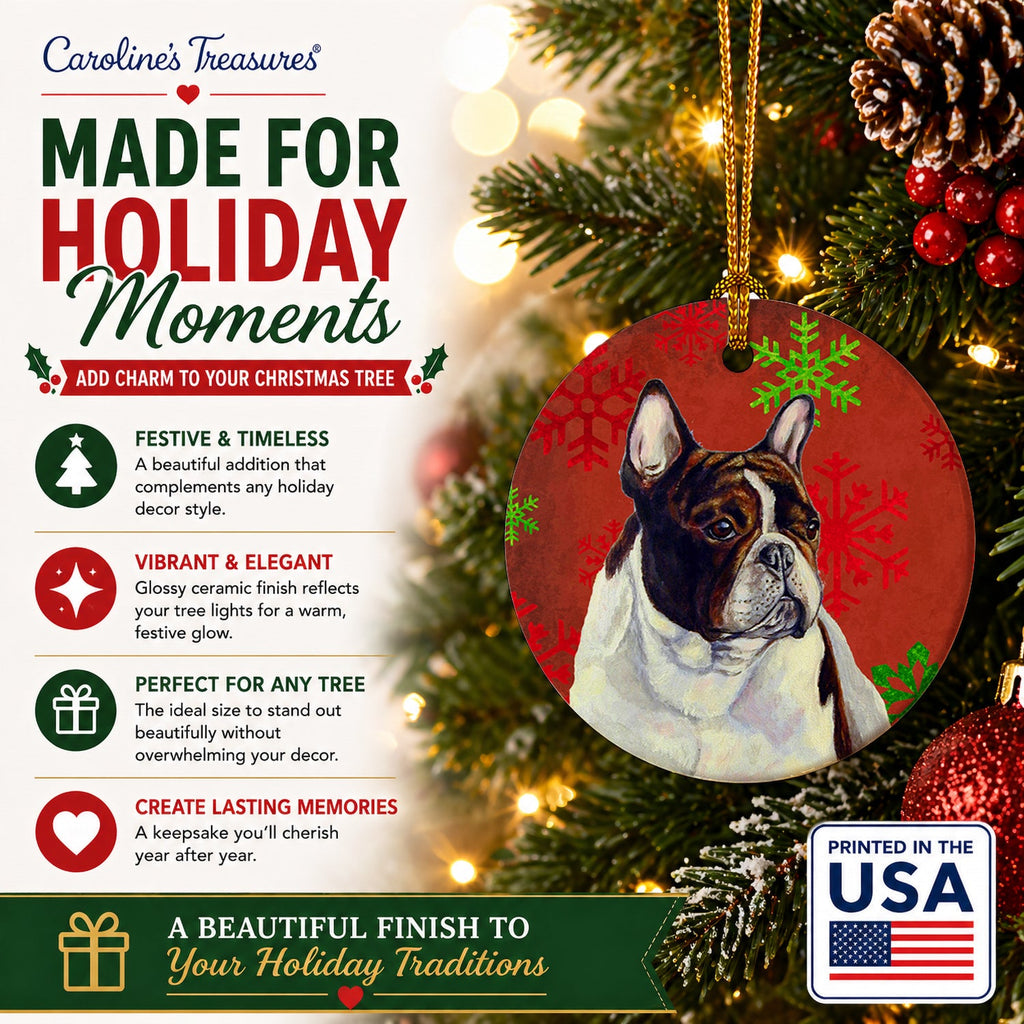 French Bulldog Red and Green Snowflakes Holiday Christmas Ceramic Ornament Christmas Tree Hanging Decorations for Home Christmas Holiday, Party, Gift, 3 in, Multicolor