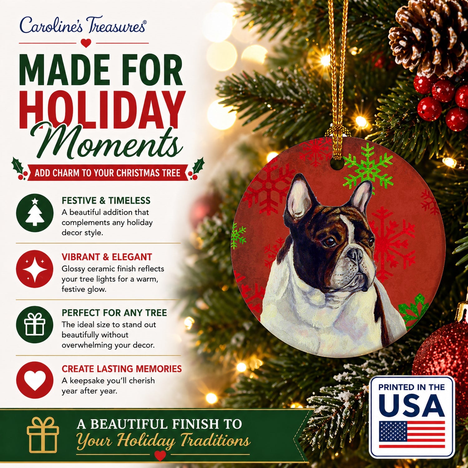 French Bulldog Red and Green Snowflakes Holiday Christmas Ceramic Ornament Christmas Tree Hanging Decorations for Home Christmas Holiday, Party, Gift, 3 in, Multicolor