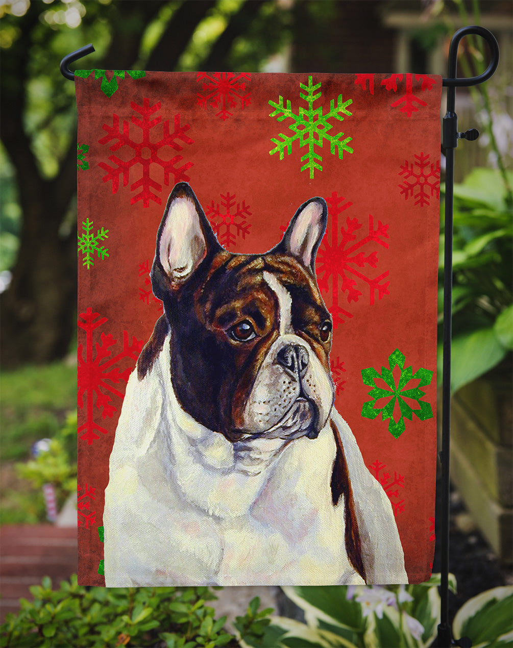 French Bulldog Red and Green Snowflakes Holiday Christmas Garden Flag Mailbox Decorative Yard Banner Outside Patio Artwork for Flower Beds, Garden Size, Multicolor