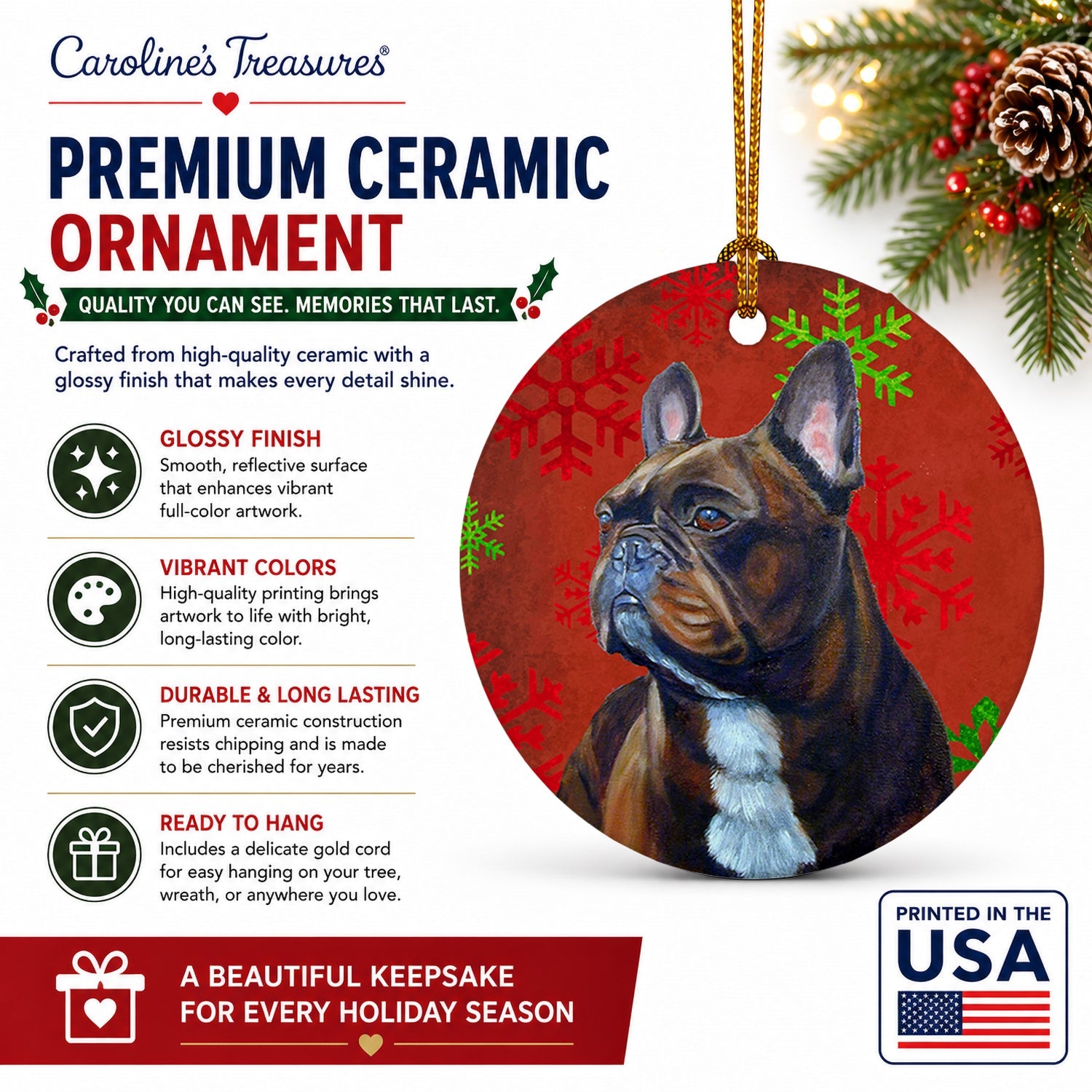 French Bulldog Red and Green Snowflakes Holiday Christmas Ceramic Ornament Christmas Tree Hanging Decorations for Home Christmas Holiday, Party, Gift, 3 in, Multicolor
