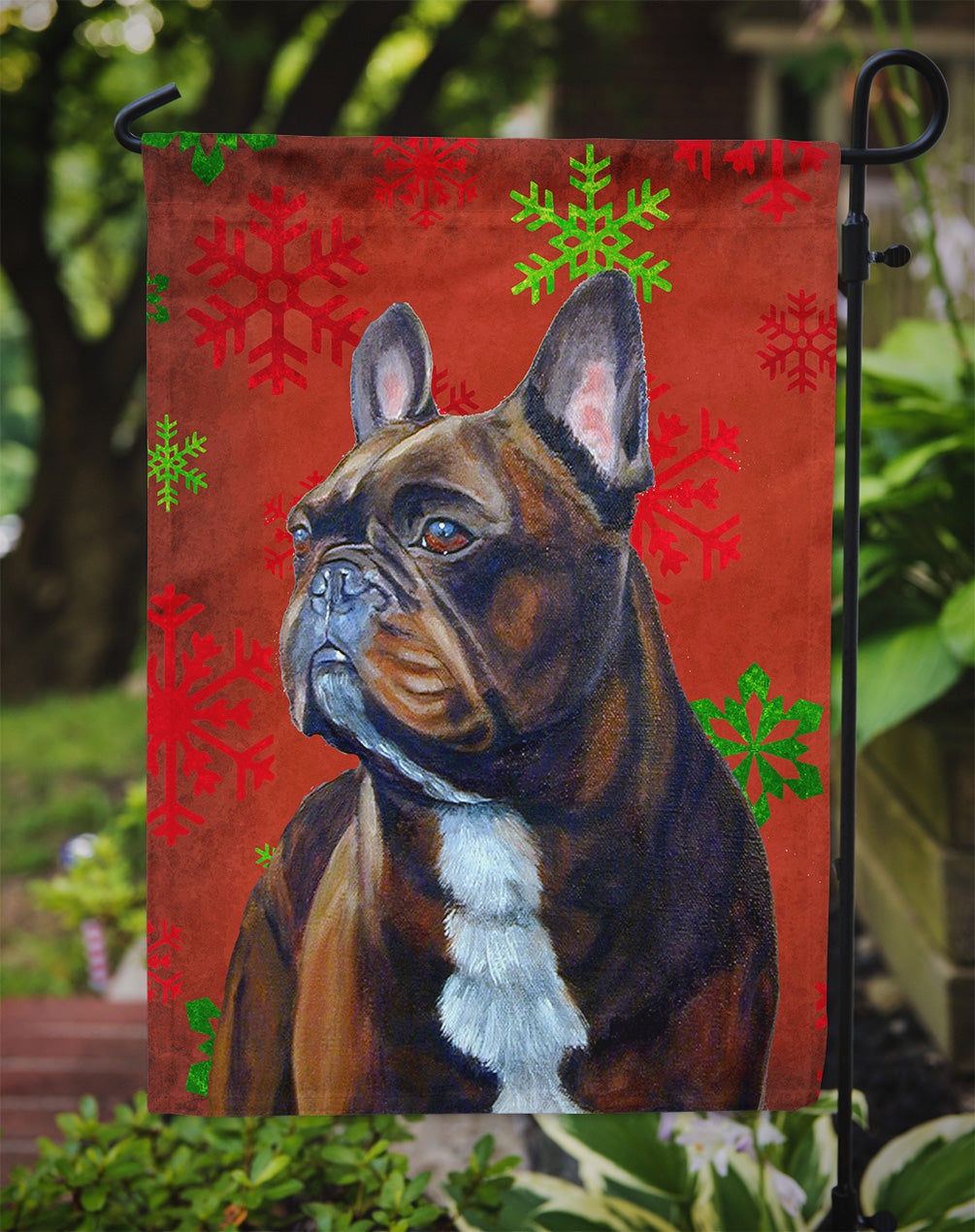 French Bulldog Red and Green Snowflakes Holiday Christmas Garden Flag Mailbox Decorative Yard Banner Outside Patio Artwork for Flower Beds, Garden Size, Multicolor