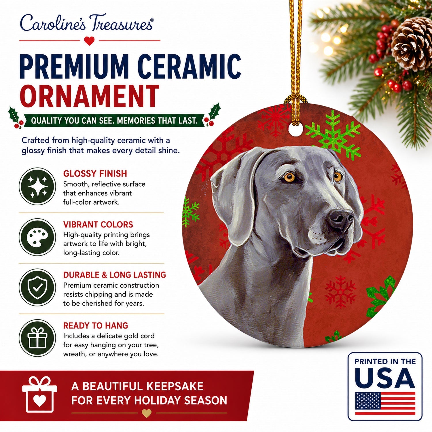Weimaraner Red and Green Snowflakes Holiday Christmas Ceramic Ornament Christmas Tree Hanging Decorations for Home Christmas Holiday, Party, Gift, 3 in, Multicolor