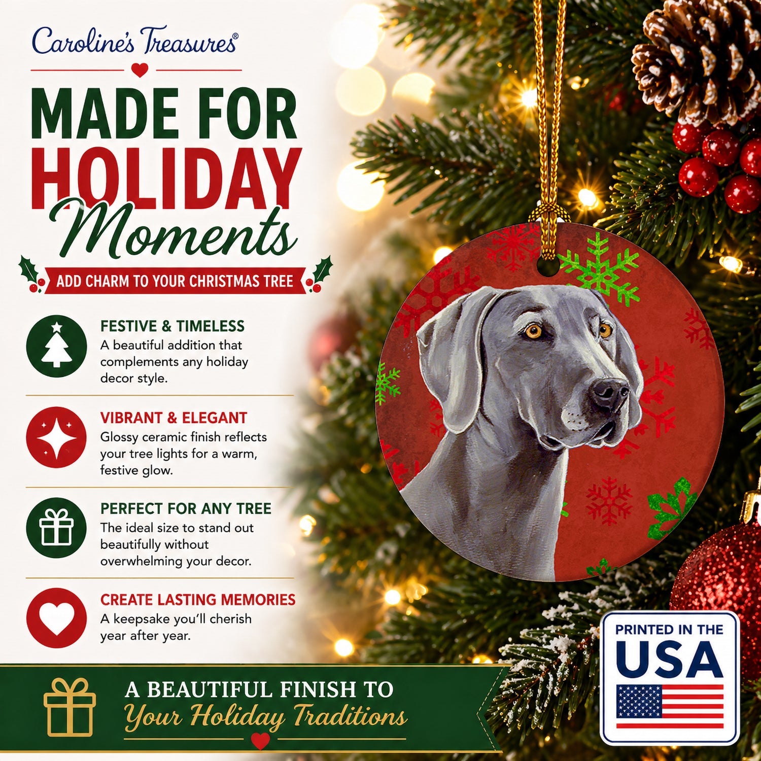 Weimaraner Red and Green Snowflakes Holiday Christmas Ceramic Ornament Christmas Tree Hanging Decorations for Home Christmas Holiday, Party, Gift, 3 in, Multicolor