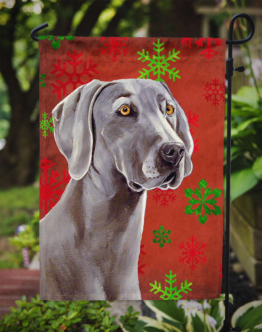 Weimaraner Red and Green Snowflakes Holiday Christmas Garden Flag Mailbox Decorative Yard Banner Outside Patio Artwork for Flower Beds, Garden Size, Multicolor