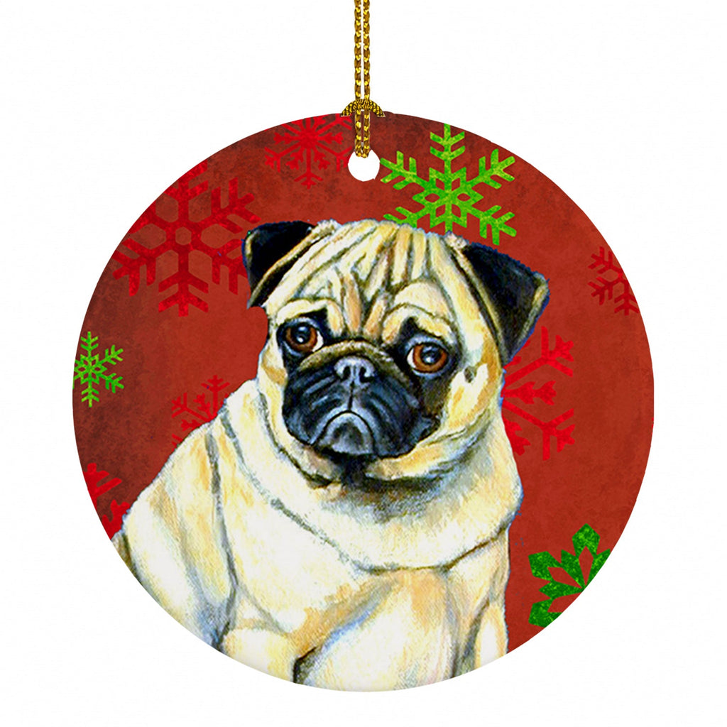 Pug Red and Green Snowflakes Holiday Christmas Ceramic Ornament Christmas Tree Hanging Decorations for Home Christmas Holiday, Party, Gift, 3 in, Multicolor