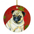 Pug Red and Green Snowflakes Holiday Christmas Ceramic Ornament Christmas Tree Hanging Decorations for Home Christmas Holiday, Party, Gift, 3 in, Multicolor