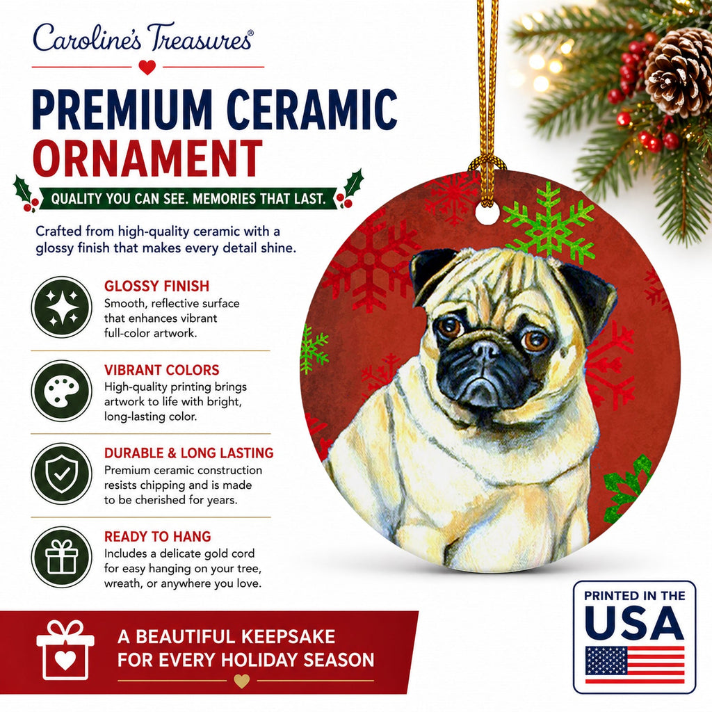 Pug Red and Green Snowflakes Holiday Christmas Ceramic Ornament Christmas Tree Hanging Decorations for Home Christmas Holiday, Party, Gift, 3 in, Multicolor