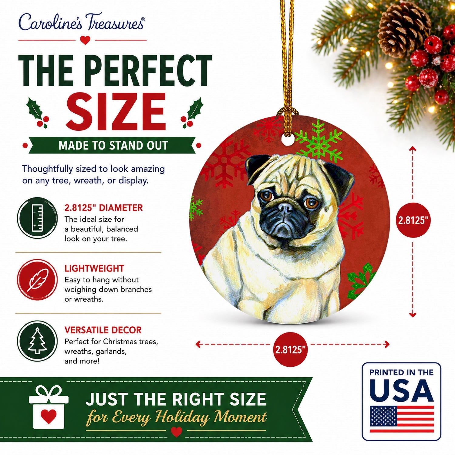 Pug Red and Green Snowflakes Holiday Christmas Ceramic Ornament Christmas Tree Hanging Decorations for Home Christmas Holiday, Party, Gift, 3 in, Multicolor