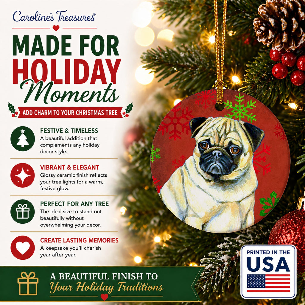 Pug Red and Green Snowflakes Holiday Christmas Ceramic Ornament Christmas Tree Hanging Decorations for Home Christmas Holiday, Party, Gift, 3 in, Multicolor