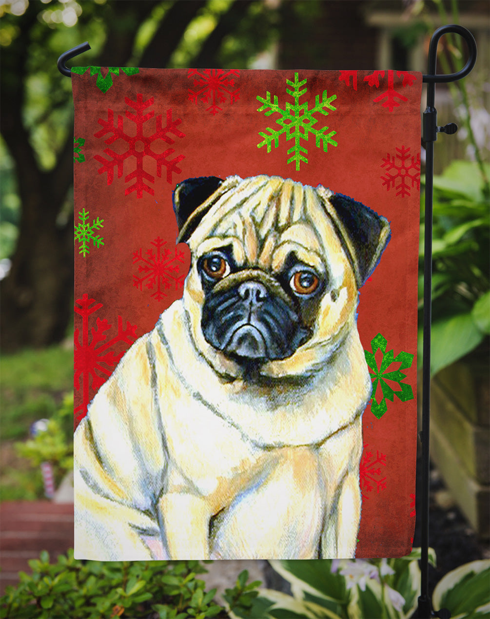 Pug Red and Green Snowflakes Holiday Christmas Garden Flag Mailbox Decorative Yard Banner Outside Patio Artwork for Flower Beds, Garden Size, Multicolor
