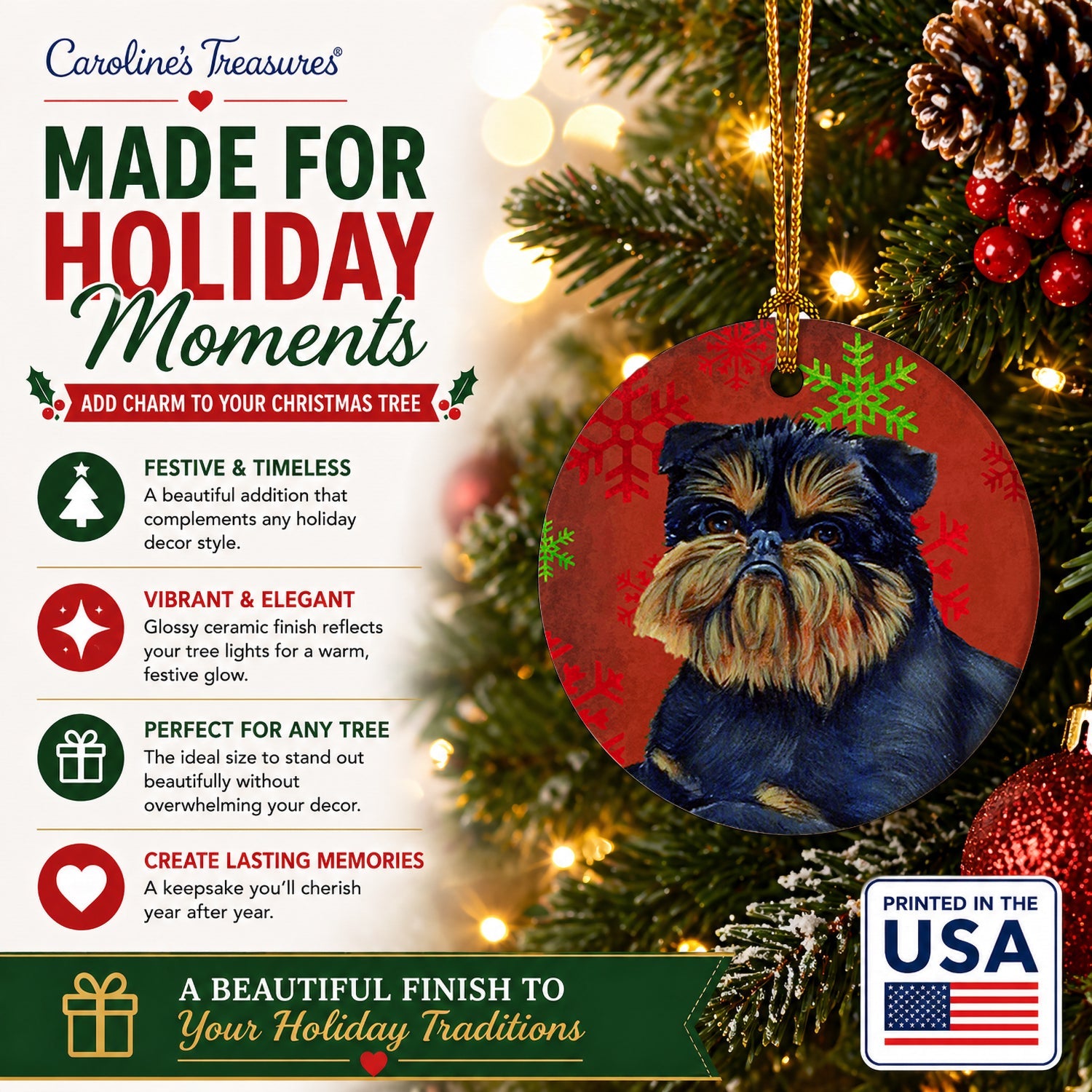 Brussels Griffon Red and Green Snowflakes Holiday Christmas Ceramic Ornament Christmas Tree Hanging Decorations for Home Christmas Holiday, Party, Gift, 3 in, Multicolor