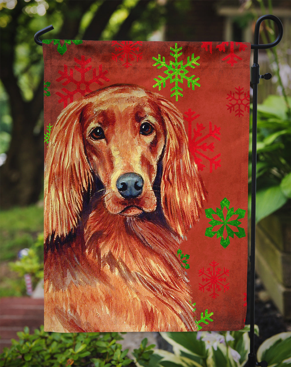 Irish Setter Red and Green Snowflakes Holiday Christmas Garden Flag Mailbox Decorative Yard Banner Outside Patio Artwork for Flower Beds, Garden Size, Multicolor