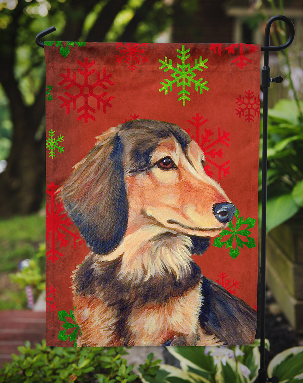 Dachshund Red and Green Snowflakes Holiday Christmas Garden Flag Mailbox Decorative Yard Banner Outside Patio Artwork for Flower Beds, Garden Size, Multicolor