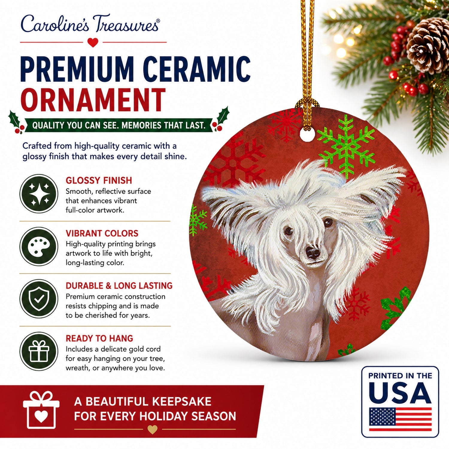 Chinese Crested Red and Green Snowflakes Holiday Christmas Ceramic Ornament Christmas Tree Hanging Decorations for Home Christmas Holiday, Party, Gift, 3 in, Multicolor