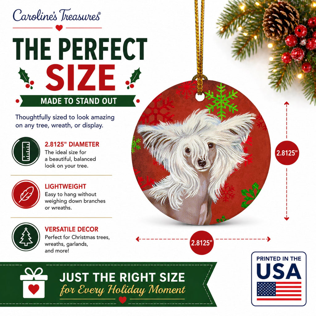 Chinese Crested Red and Green Snowflakes Holiday Christmas Ceramic Ornament Christmas Tree Hanging Decorations for Home Christmas Holiday, Party, Gift, 3 in, Multicolor