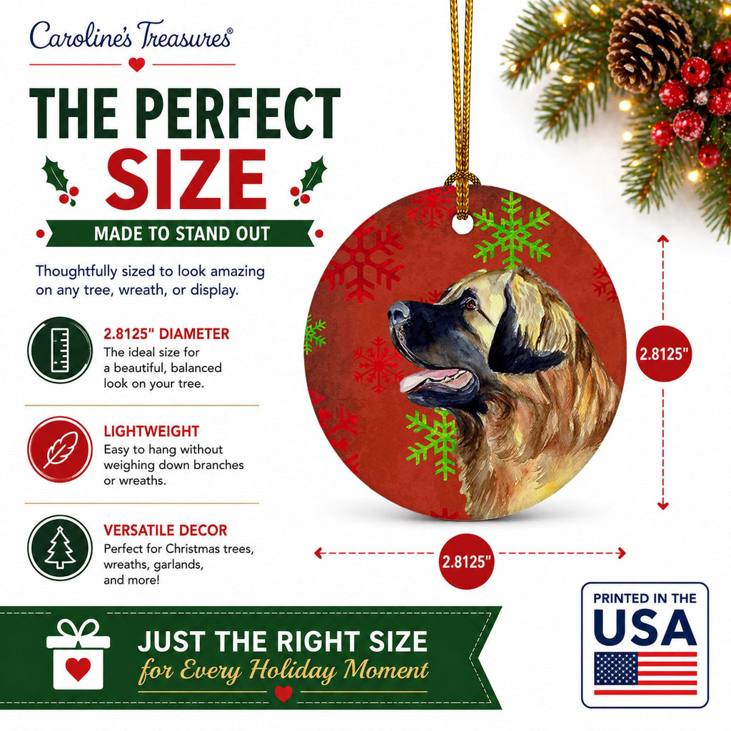 Leonberger Red and Green Snowflakes Holiday Christmas Ceramic Ornament Christmas Tree Hanging Decorations for Home Christmas Holiday, Party, Gift, 3 in, Multicolor