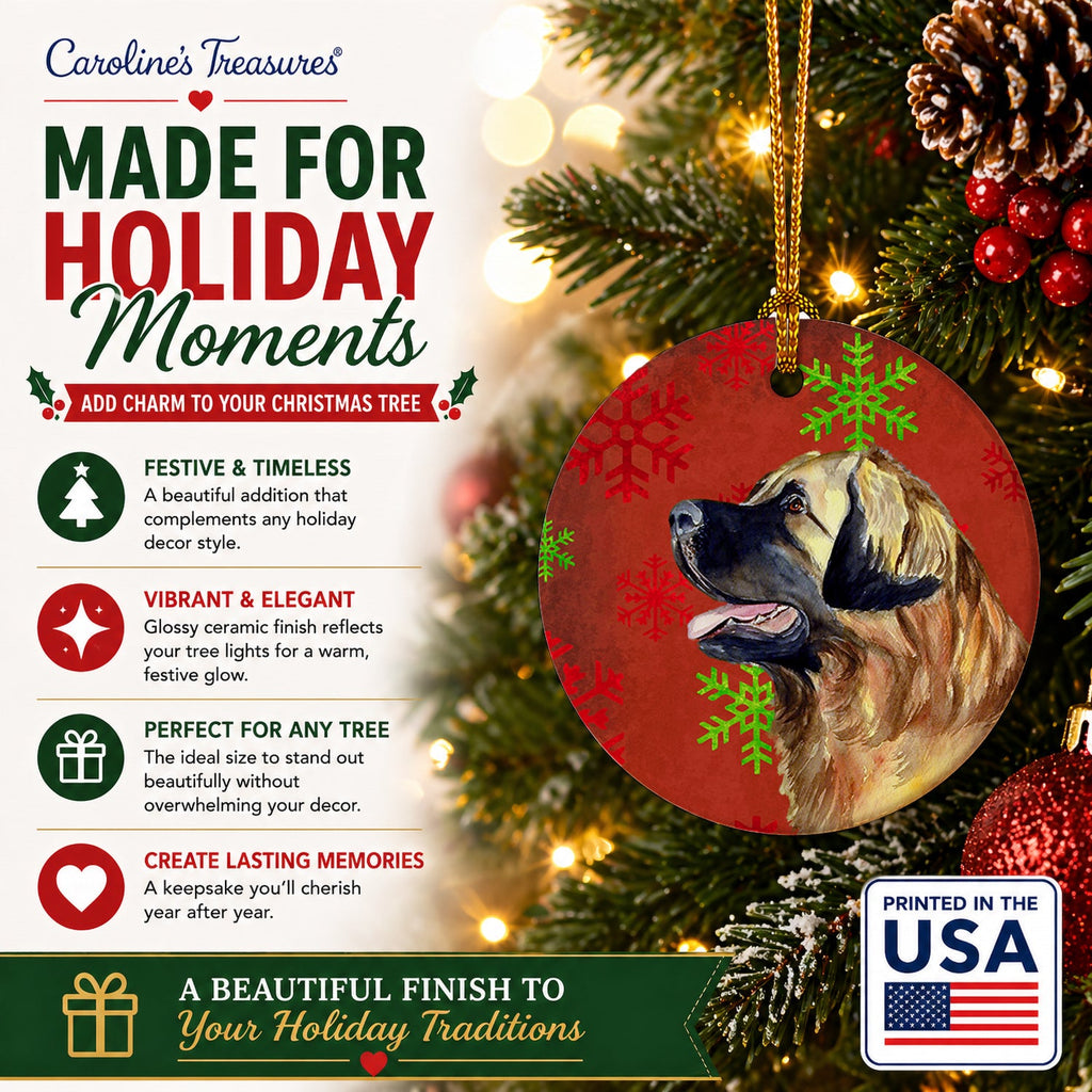 Leonberger Red and Green Snowflakes Holiday Christmas Ceramic Ornament Christmas Tree Hanging Decorations for Home Christmas Holiday, Party, Gift, 3 in, Multicolor