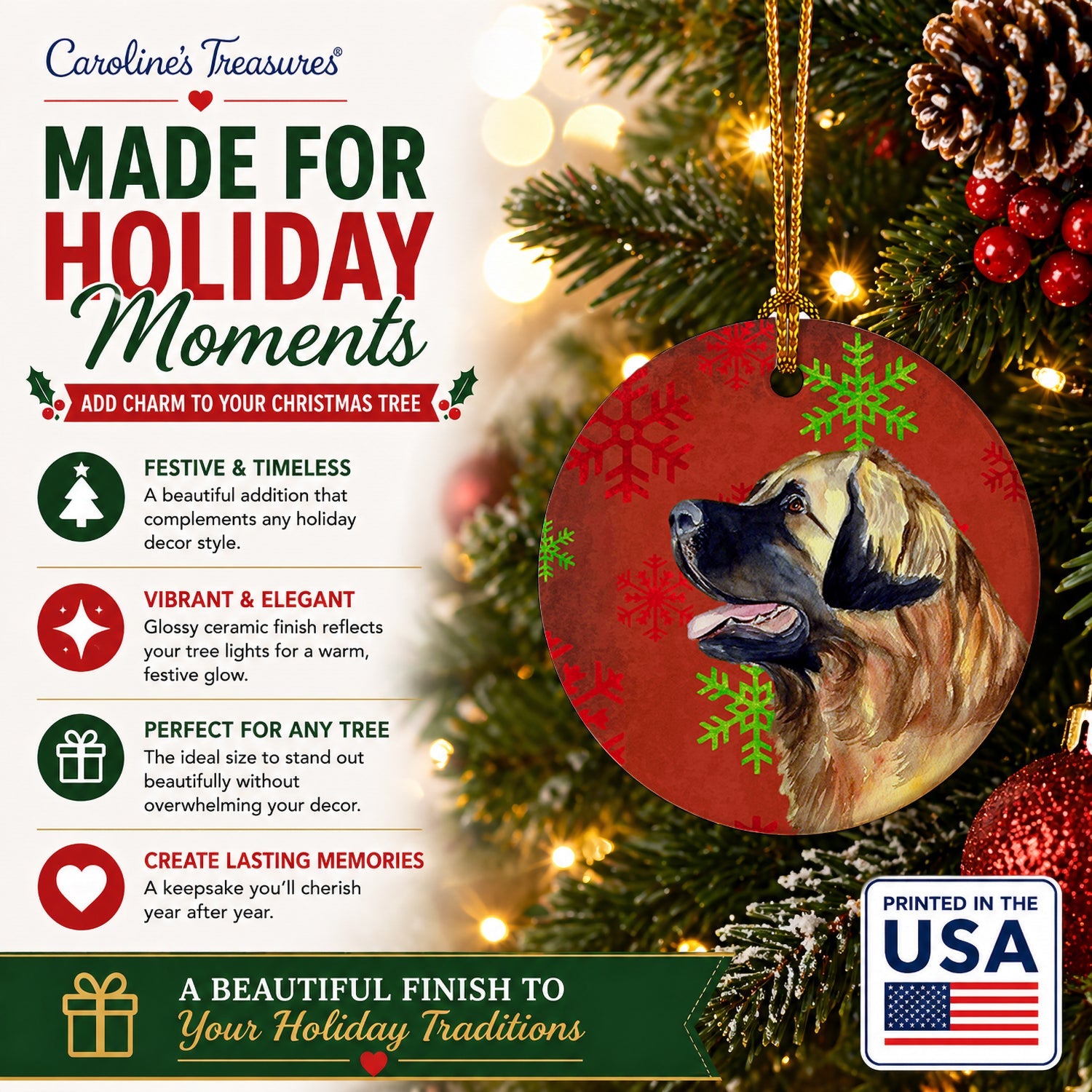 Leonberger Red and Green Snowflakes Holiday Christmas Ceramic Ornament Christmas Tree Hanging Decorations for Home Christmas Holiday, Party, Gift, 3 in, Multicolor