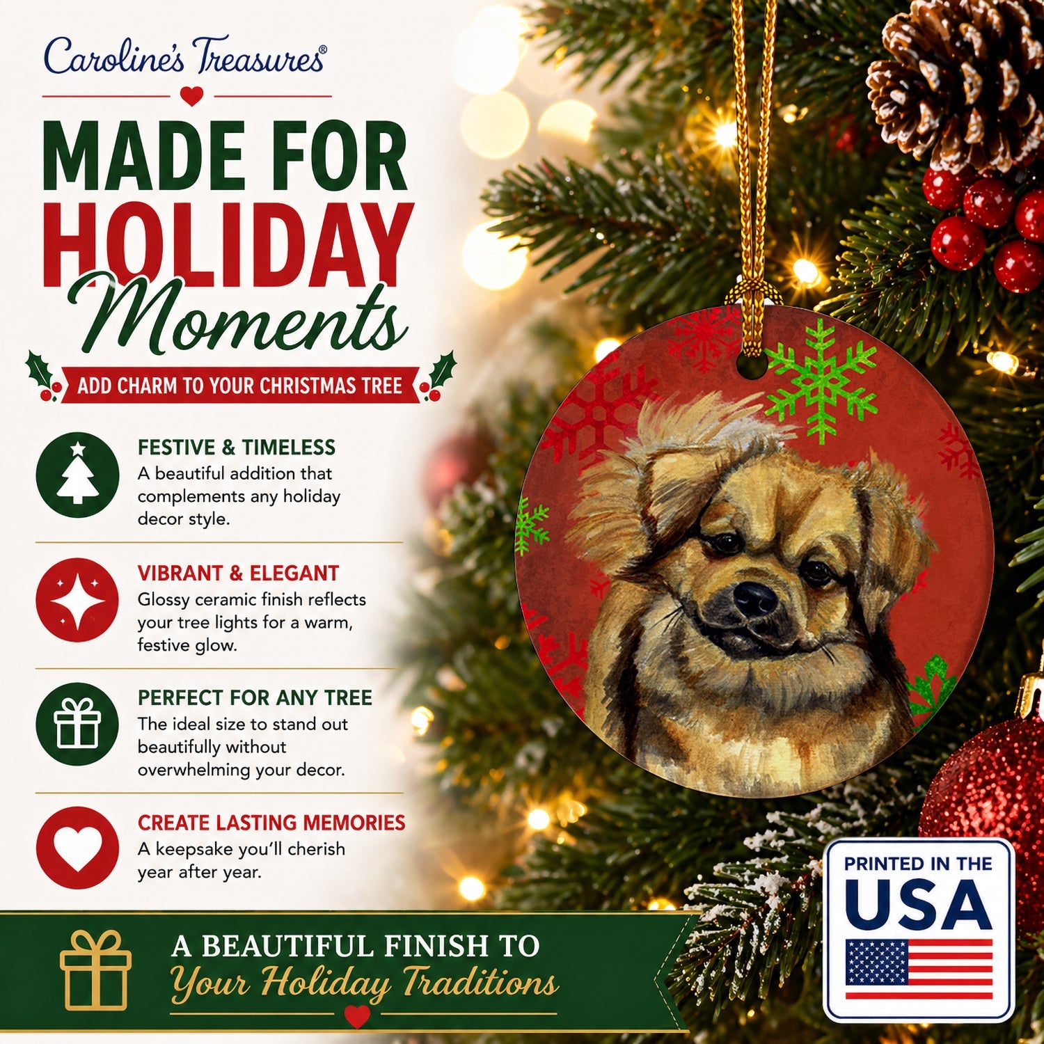 Tibetan Spaniel Red Green Snowflake Holiday Christmas Ceramic Ornament Christmas Tree Hanging Decorations for Home Christmas Holiday, Party, Gift, 3 in, Multicolor