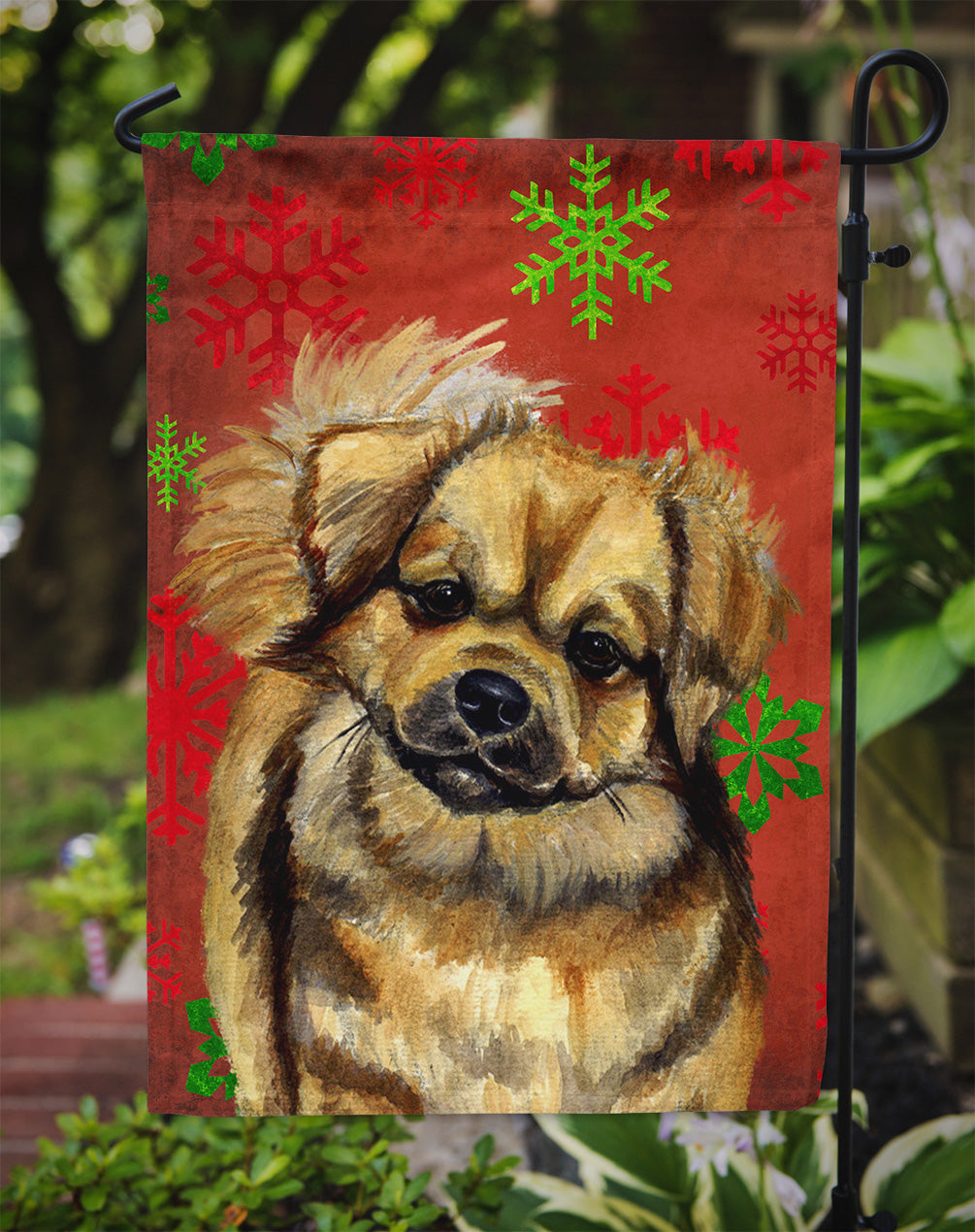 Tibetan Spaniel Red Green Snowflake Holiday Christmas Garden Flag Mailbox Decorative Yard Banner Outside Patio Artwork for Flower Beds, Garden Size, Multicolor