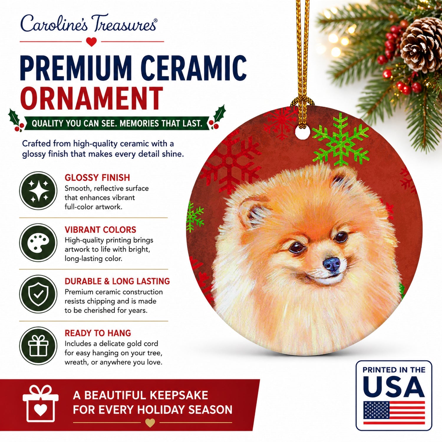 Pomeranian Red and Green Snowflakes Holiday Christmas Ceramic Ornament Christmas Tree Hanging Decorations for Home Christmas Holiday, Party, Gift, 3 in, Multicolor
