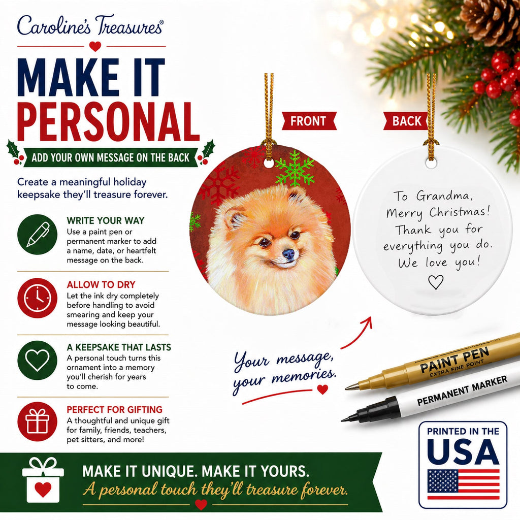 Pomeranian Red and Green Snowflakes Holiday Christmas Ceramic Ornament Christmas Tree Hanging Decorations for Home Christmas Holiday, Party, Gift, 3 in, Multicolor