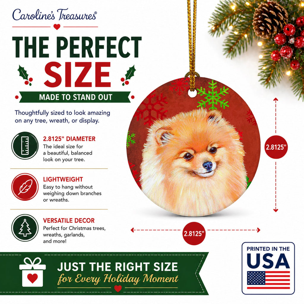 Pomeranian Red and Green Snowflakes Holiday Christmas Ceramic Ornament Christmas Tree Hanging Decorations for Home Christmas Holiday, Party, Gift, 3 in, Multicolor