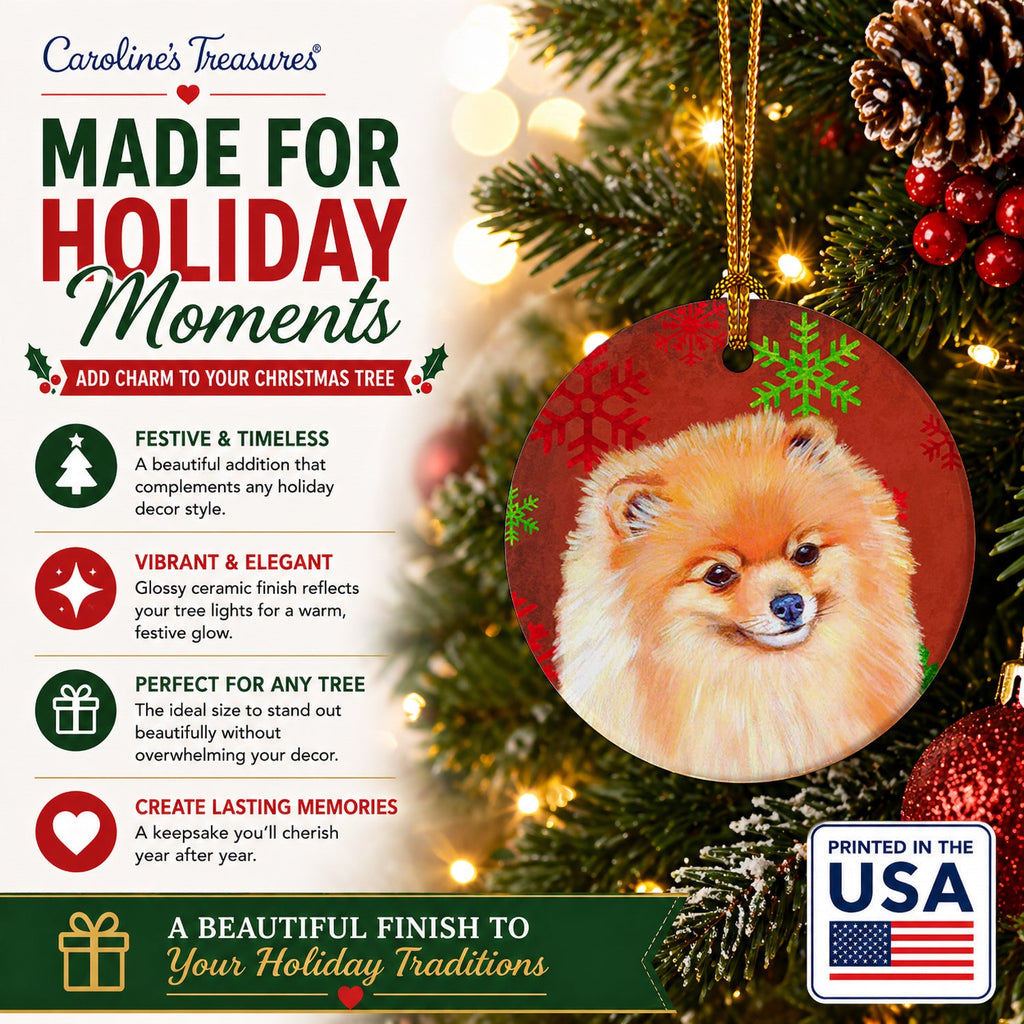 Pomeranian Red and Green Snowflakes Holiday Christmas Ceramic Ornament Christmas Tree Hanging Decorations for Home Christmas Holiday, Party, Gift, 3 in, Multicolor