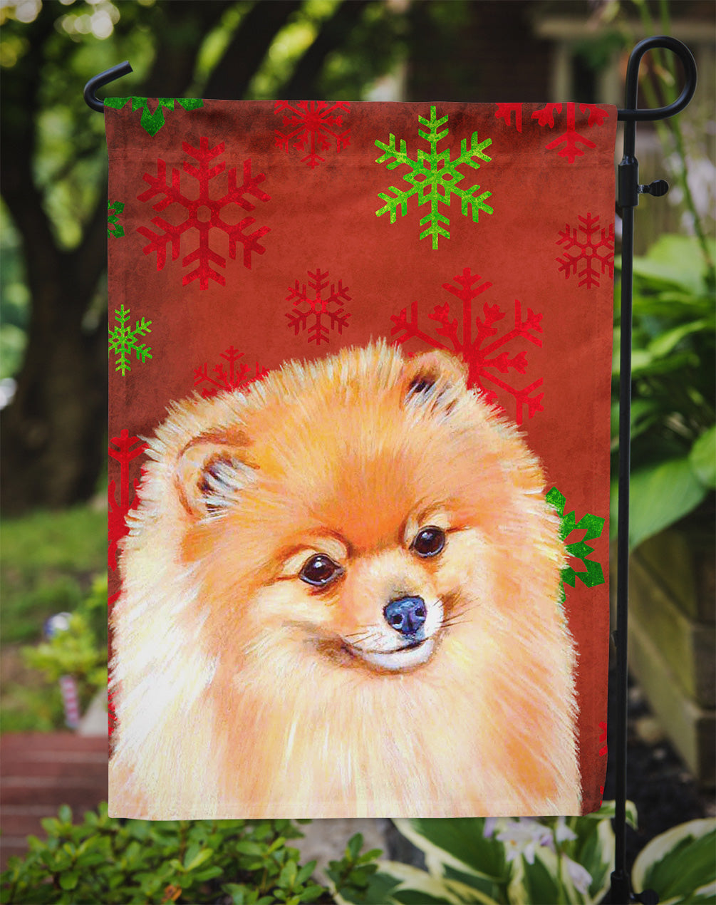 Pomeranian Red and Green Snowflakes Holiday Christmas Garden Flag Mailbox Decorative Yard Banner Outside Patio Artwork for Flower Beds, Garden Size, Multicolor