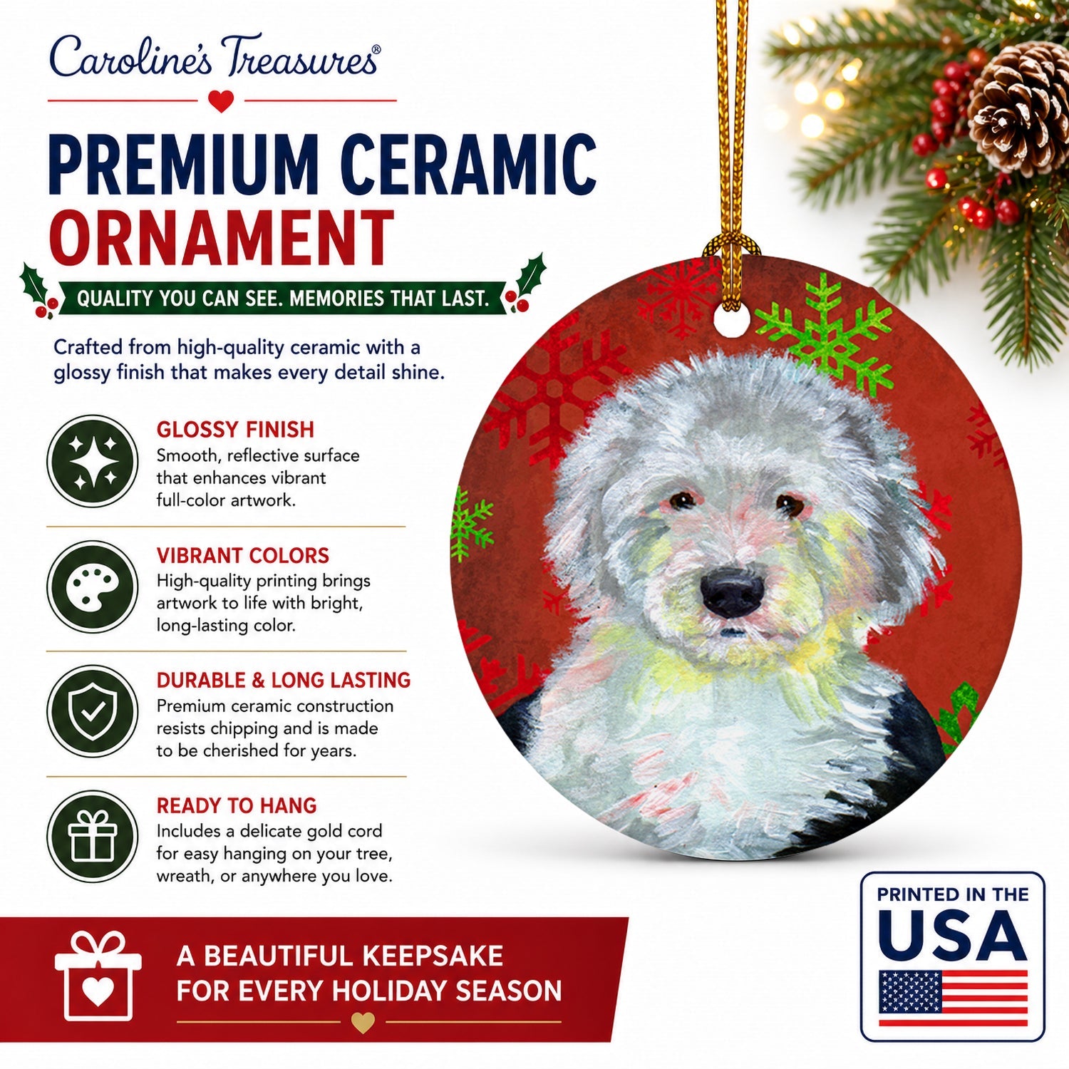 Old English Sheepdog Red  Green Snowflakes Holiday Christmas Ceramic Ornament Christmas Tree Hanging Decorations for Home Christmas Holiday, Party, Gift, 3 in, Multicolor