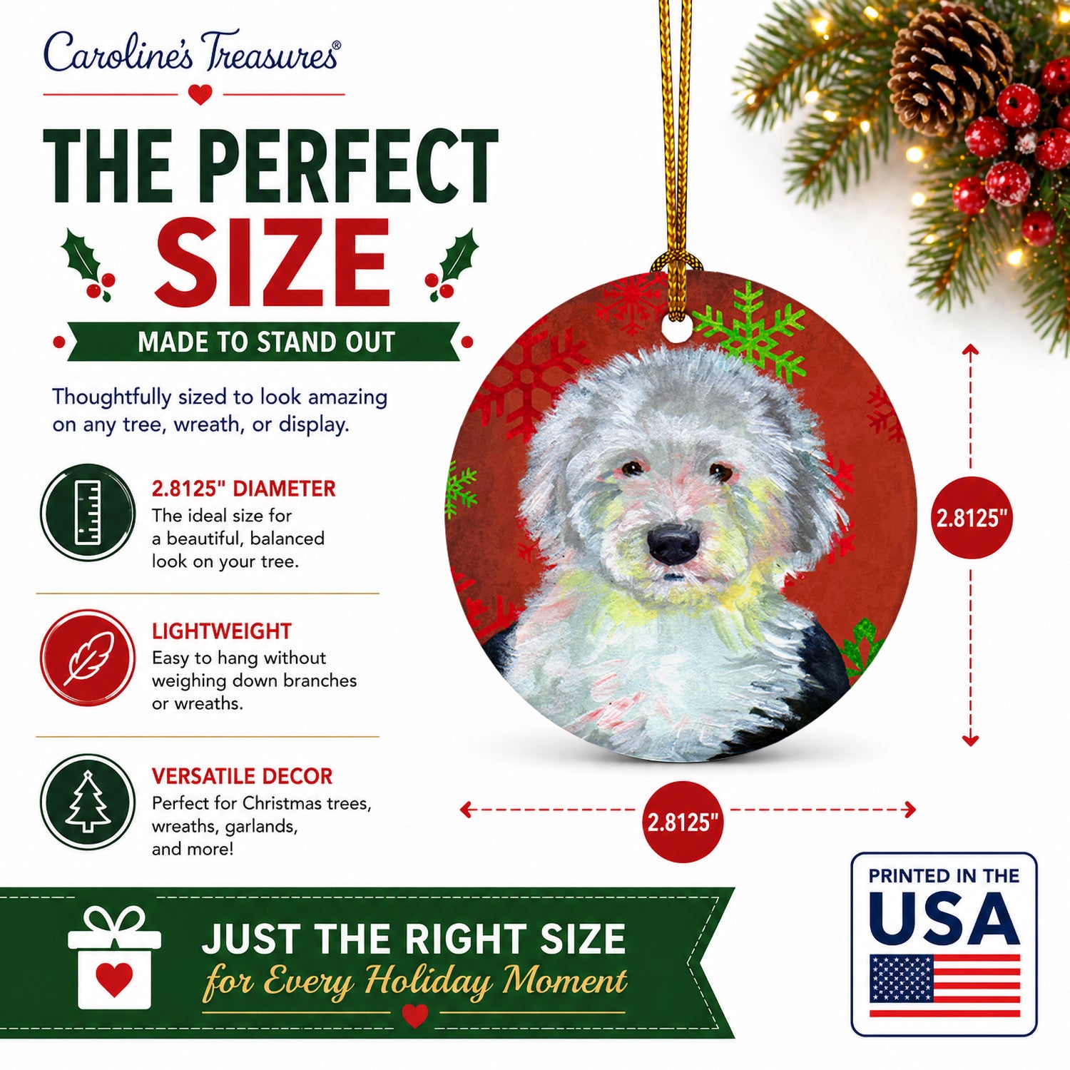 Old English Sheepdog Red  Green Snowflakes Holiday Christmas Ceramic Ornament Christmas Tree Hanging Decorations for Home Christmas Holiday, Party, Gift, 3 in, Multicolor