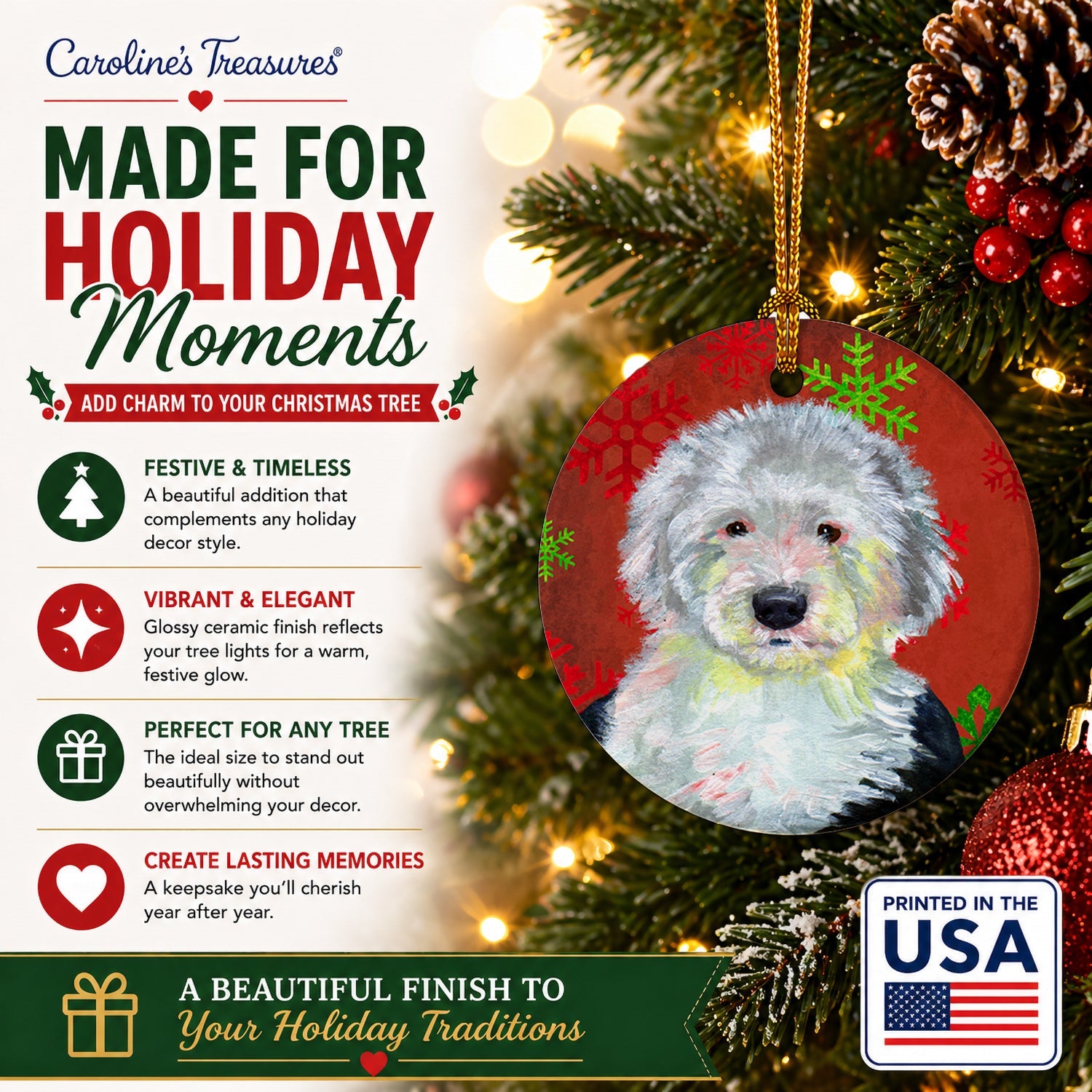Old English Sheepdog Red  Green Snowflakes Holiday Christmas Ceramic Ornament Christmas Tree Hanging Decorations for Home Christmas Holiday, Party, Gift, 3 in, Multicolor