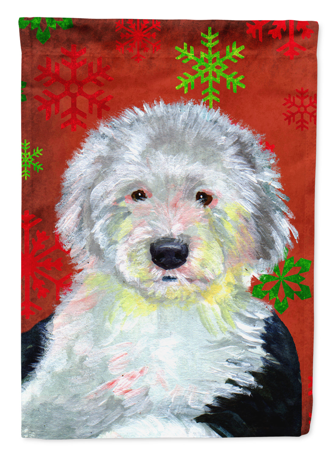 Old English Sheepdog Red  Green Snowflakes Holiday Christmas Garden Flag Mailbox Decorative Yard Banner Outside Patio Artwork for Flower Beds, Garden Size, Multicolor