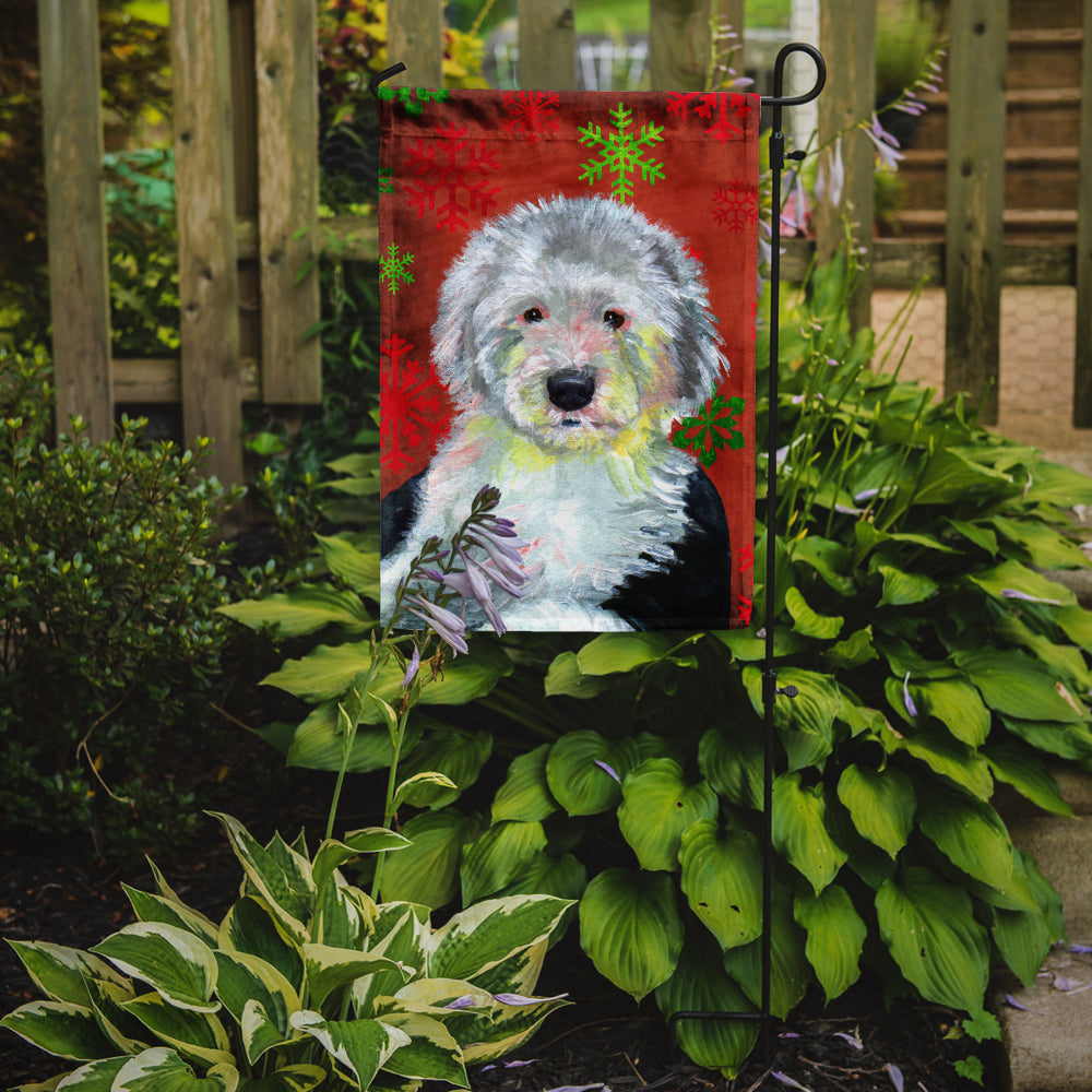 Old English Sheepdog Red  Green Snowflakes Holiday Christmas Garden Flag Mailbox Decorative Yard Banner Outside Patio Artwork for Flower Beds, Garden Size, Multicolor