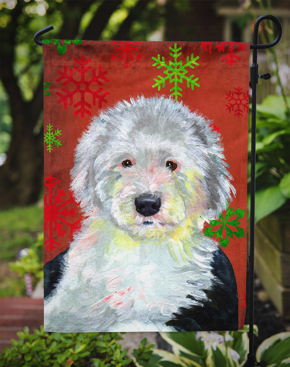 Old English Sheepdog Red  Green Snowflakes Holiday Christmas Garden Flag Mailbox Decorative Yard Banner Outside Patio Artwork for Flower Beds, Garden Size, Multicolor