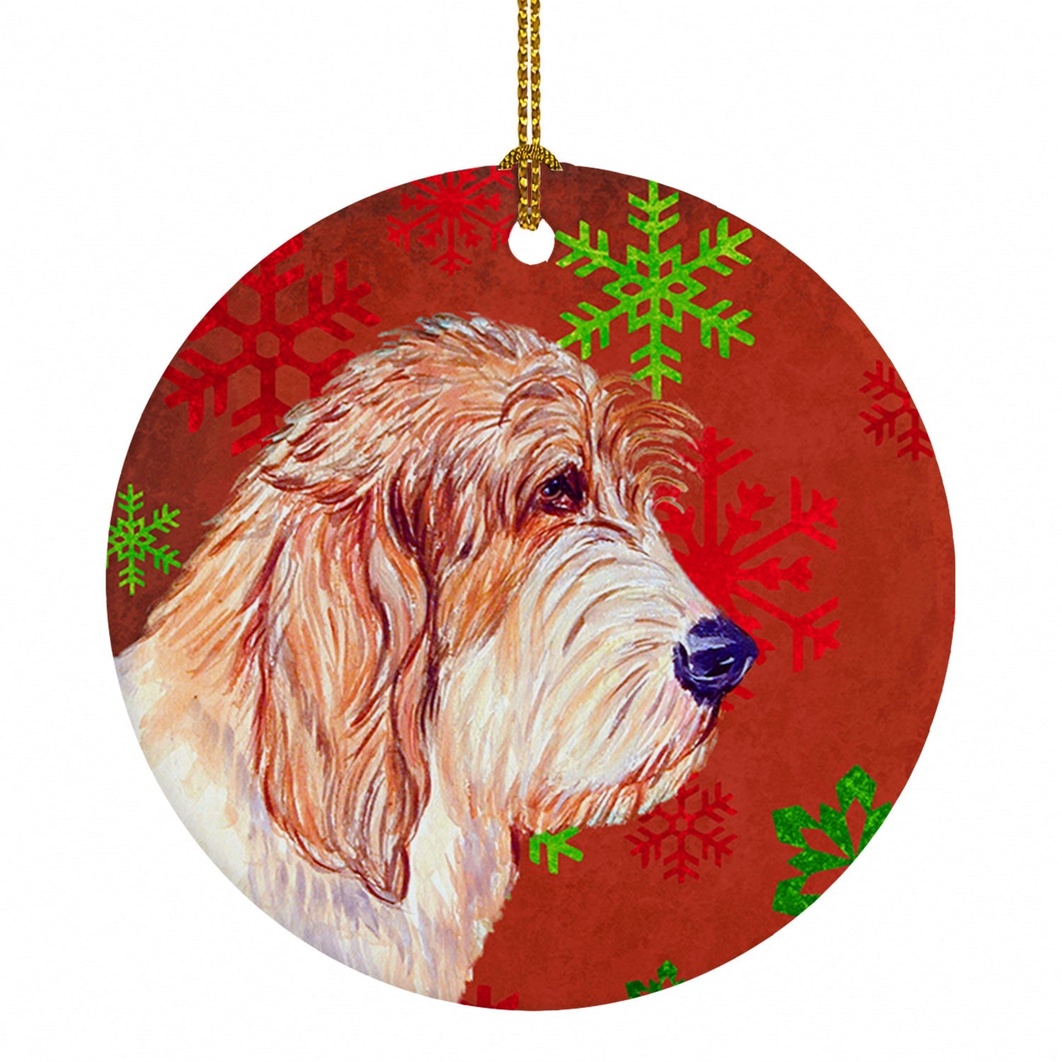 Petit Basset Griffon Vendeen Red Green Snowflake Christmas Ceramic Ornament Christmas Tree Hanging Decorations for Home Christmas Holiday, Party, Gift, 3 in, Multicolor