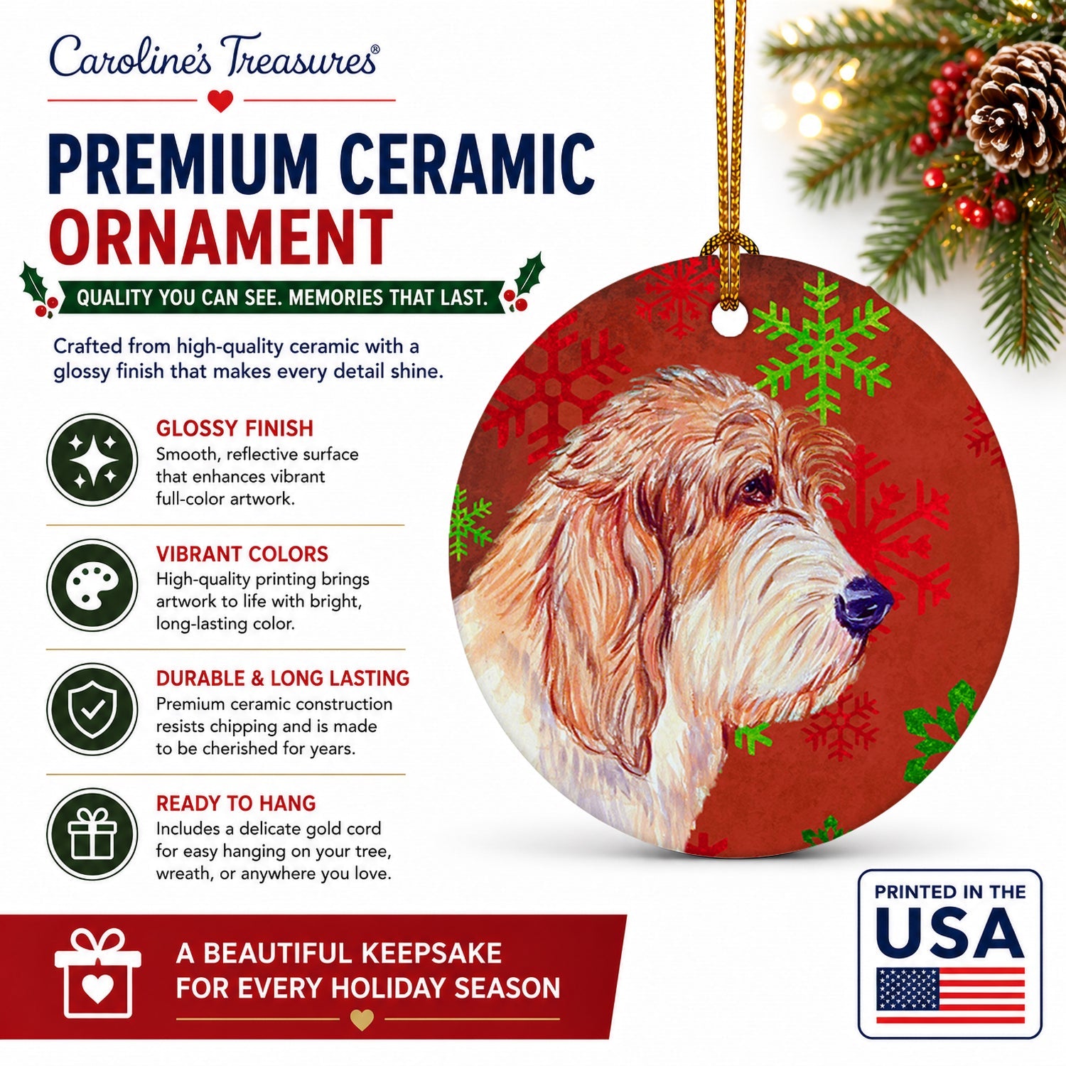 Petit Basset Griffon Vendeen Red Green Snowflake Christmas Ceramic Ornament Christmas Tree Hanging Decorations for Home Christmas Holiday, Party, Gift, 3 in, Multicolor