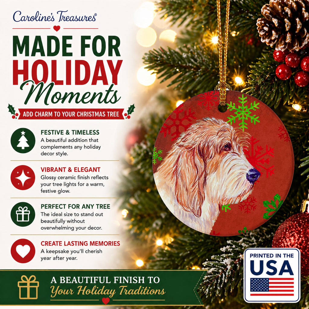 Petit Basset Griffon Vendeen Red Green Snowflake Christmas Ceramic Ornament Christmas Tree Hanging Decorations for Home Christmas Holiday, Party, Gift, 3 in, Multicolor