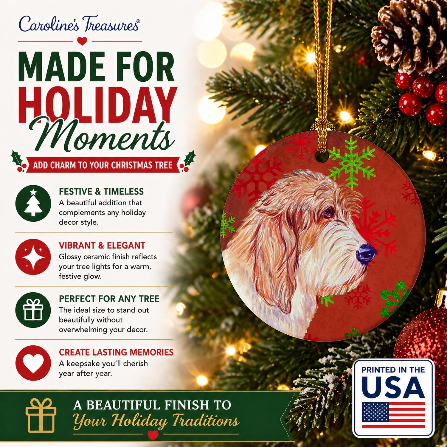 Petit Basset Griffon Vendeen Red Green Snowflake Christmas Ceramic Ornament Christmas Tree Hanging Decorations for Home Christmas Holiday, Party, Gift, 3 in, Multicolor