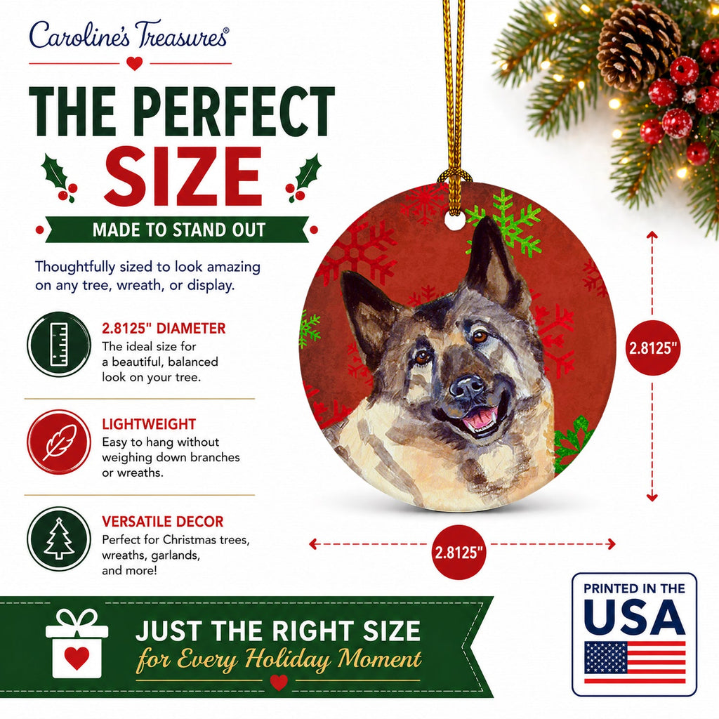 Norwegian Elkhound Red and Green Snowflakes Holiday Christmas Ceramic Ornament Christmas Tree Hanging Decorations for Home Christmas Holiday, Party, Gift, 3 in, Multicolor
