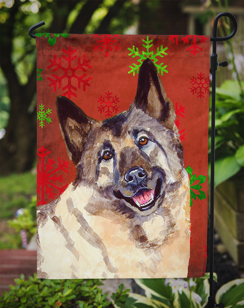 Norwegian Elkhound Red and Green Snowflakes Holiday Christmas Garden Flag Mailbox Decorative Yard Banner Outside Patio Artwork for Flower Beds, Garden Size, Multicolor