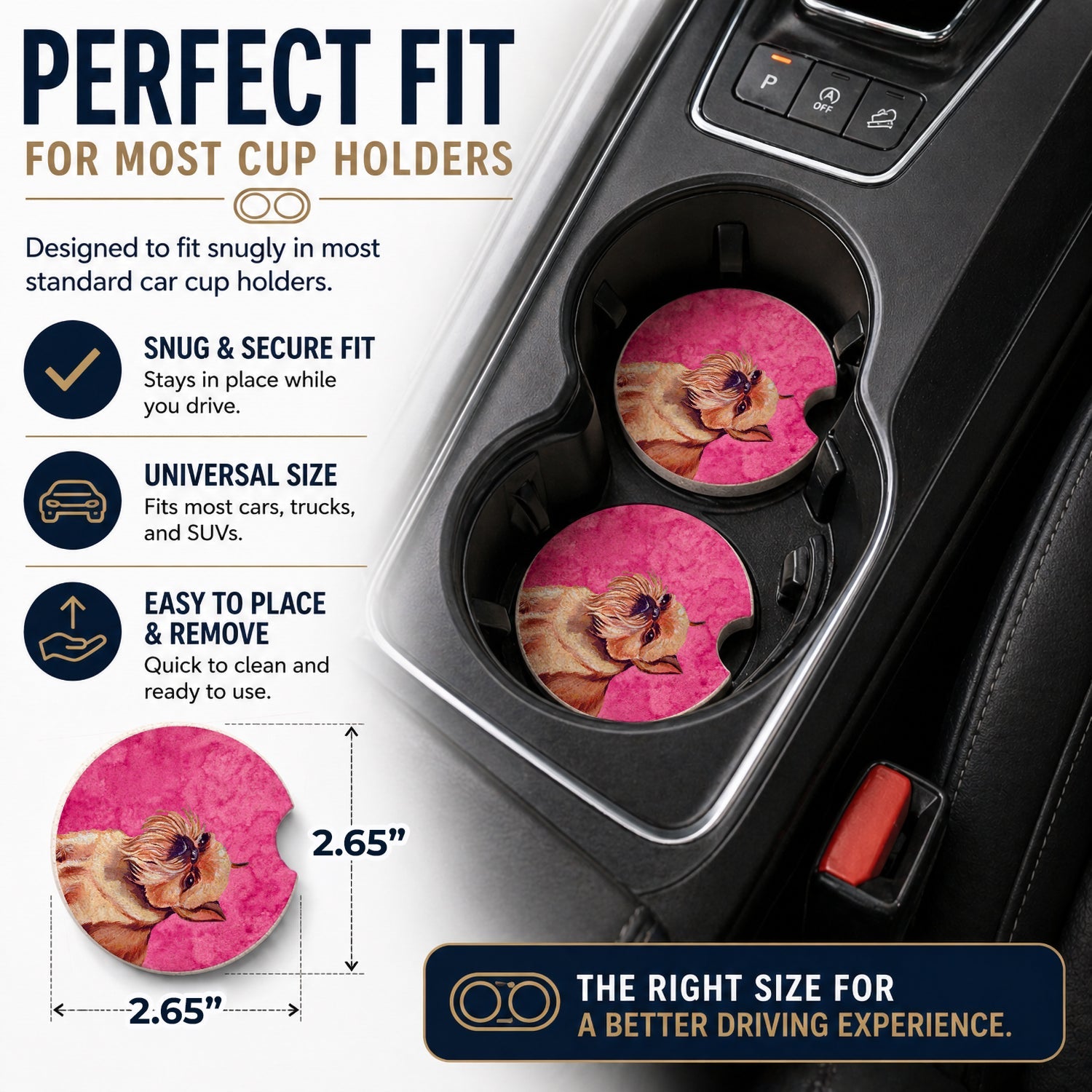 Pink Brussels Griffon Set of 2 Cup Holder Car Coasters Absorbent Round Sandstone Coasters Gifts for Men or Women, 2.5, Multicolor